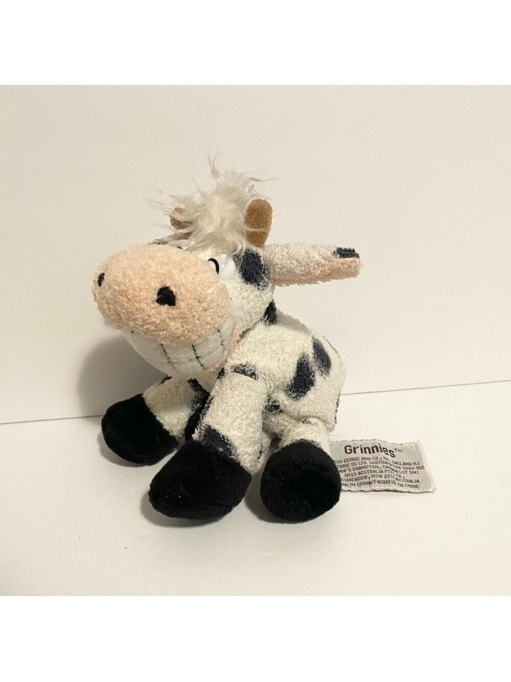 Russ Grinnies Cow Plush Bean Bag Stuffed Animal Dairy Black White Smile Toy 6”